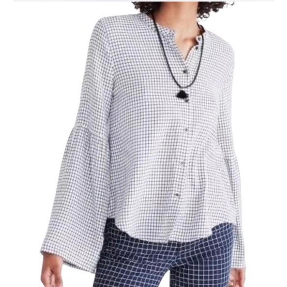 Madewell Bell Sleeve Button-Down Top in Windowpane Size Medium Black White